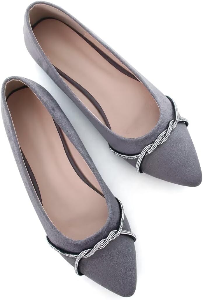 Women's Pointed Toe Ballet Flats with Chain and Rhinestone Trim - Slip On Dress Shoes for Office and Parties - 8