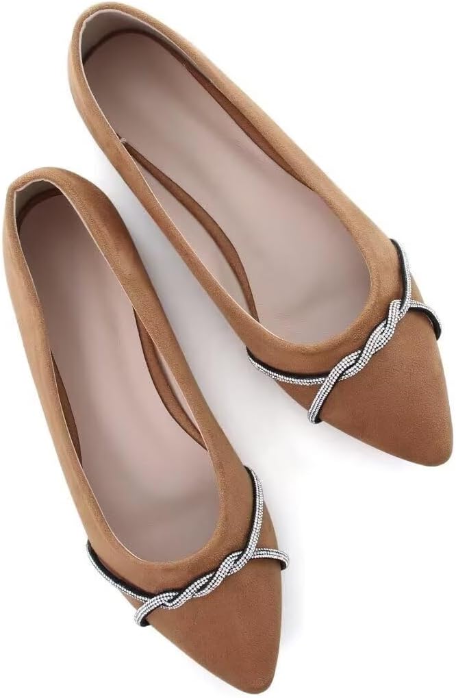 Women's Pointed Toe Ballet Flats with Chain and Rhinestone Trim - Slip On Dress Shoes for Office and Parties - 10