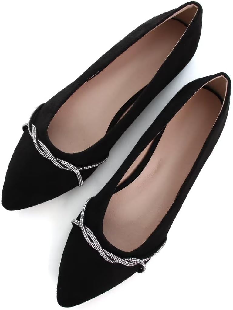 Women's Pointed Toe Ballet Flats with Chain and Rhinestone Trim - Slip On Dress Shoes for Office and Parties - 10