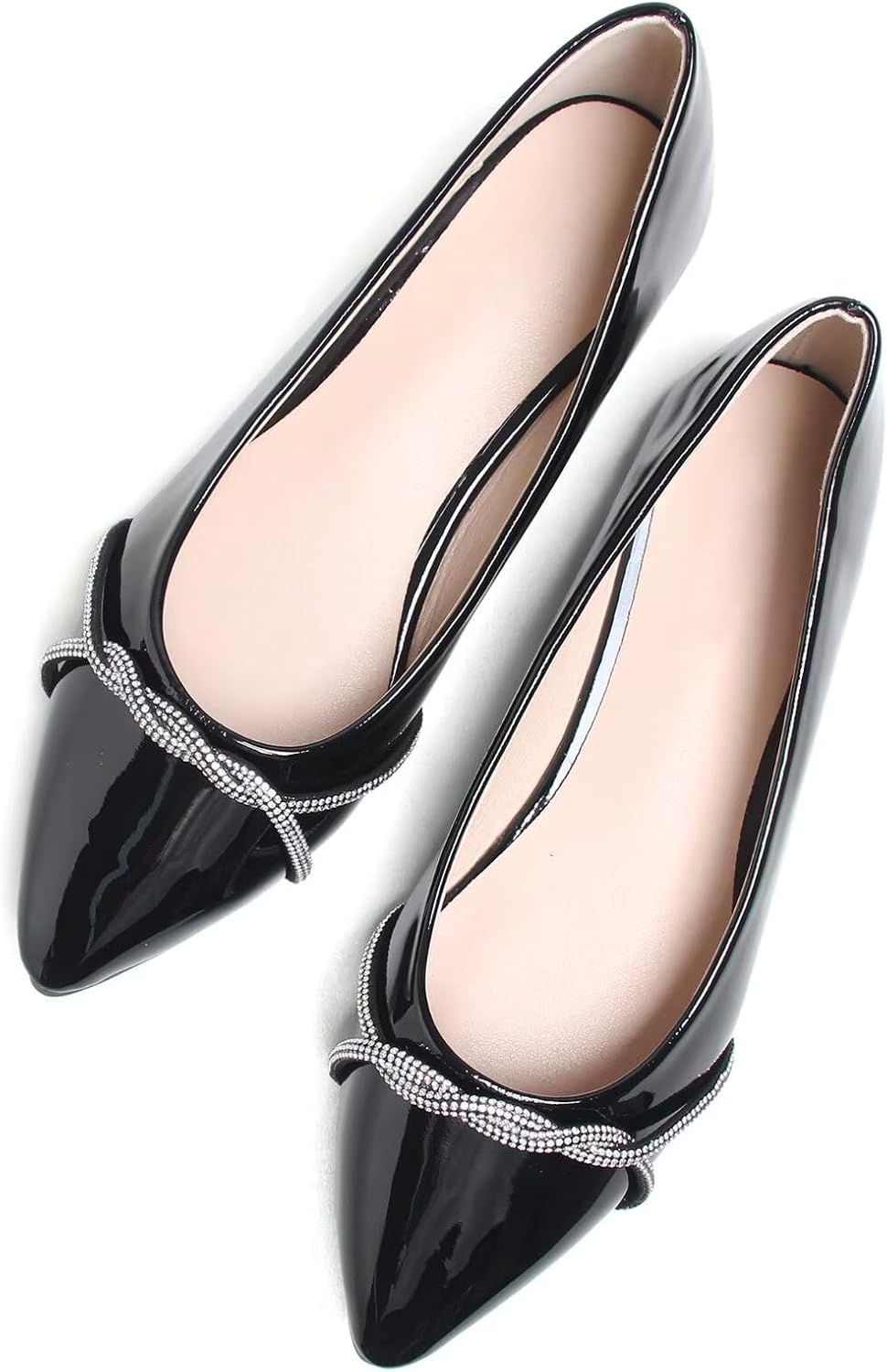 Women's Pointed Toe Ballet Flats with Chain and Rhinestone Trim - Slip On Dress Shoes for Office and Parties - 9
