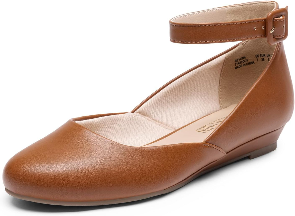 Women's Round Toe Ballet Flats with Low Wedge - Ankle Strap Dress Shoes for Office Days and Evenings - 6