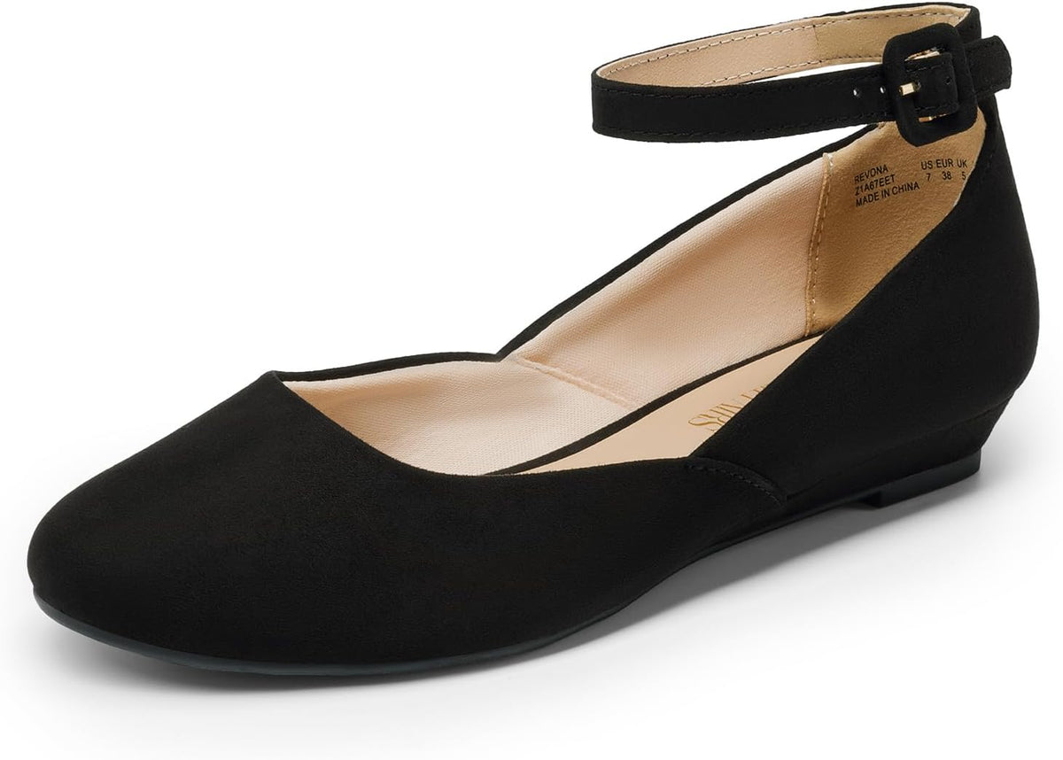 Women's Round Toe Ballet Flats with Low Wedge - Ankle Strap Dress Shoes for Office Days and Evenings - 6