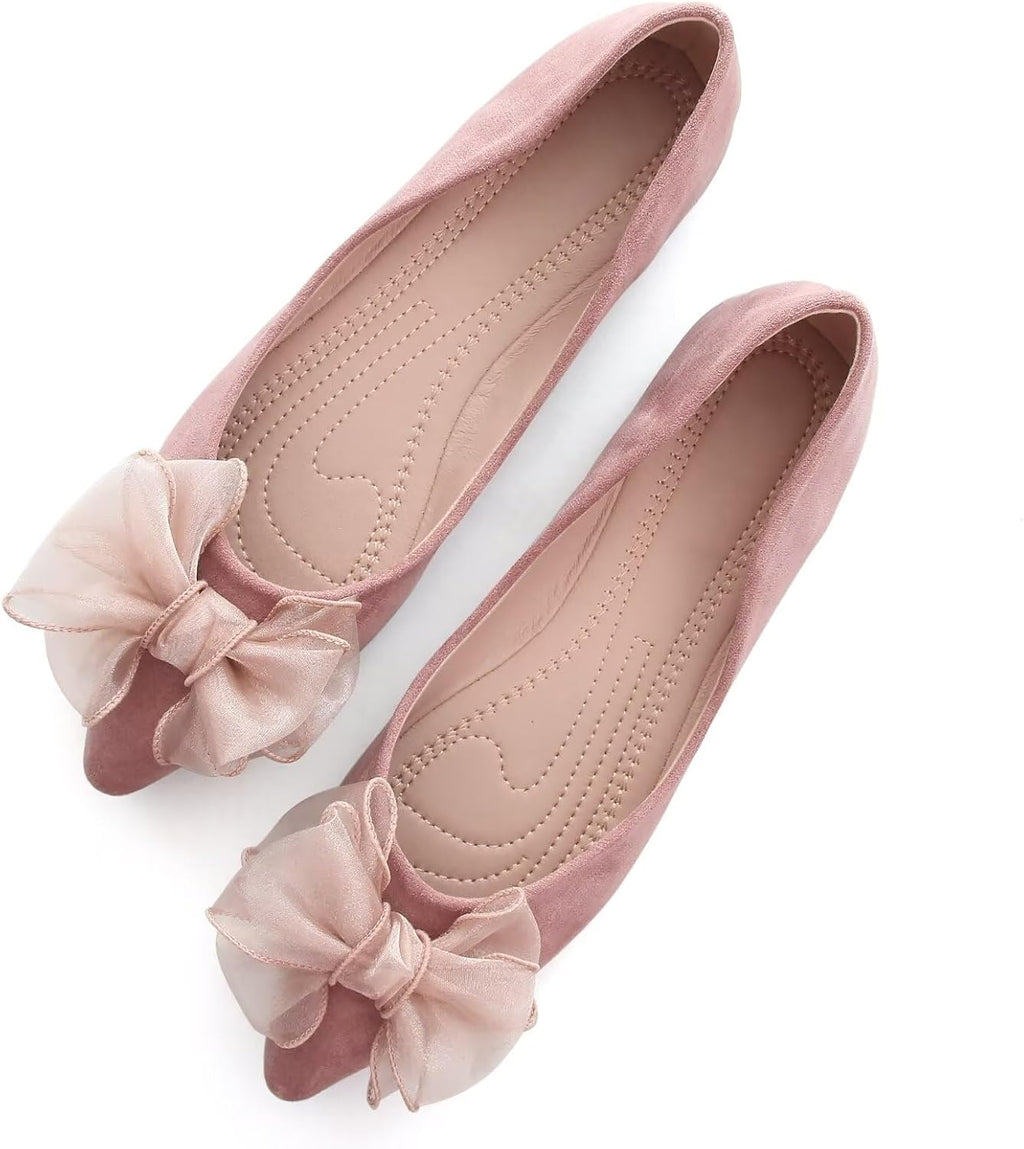 Women's Suede Bow Ballet Flats - Pointed Toe Slip On Moccasin Style Shoes for Work and Casual Wear - 7