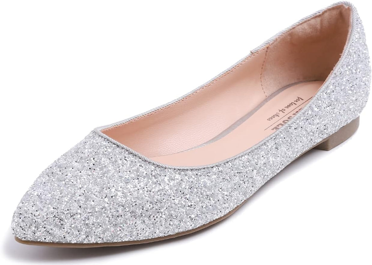 Women's Patent Ballet Flats - Memory Foam Cushioned Slip On Dress Shoes in Glitter and Solid Finishes - Black