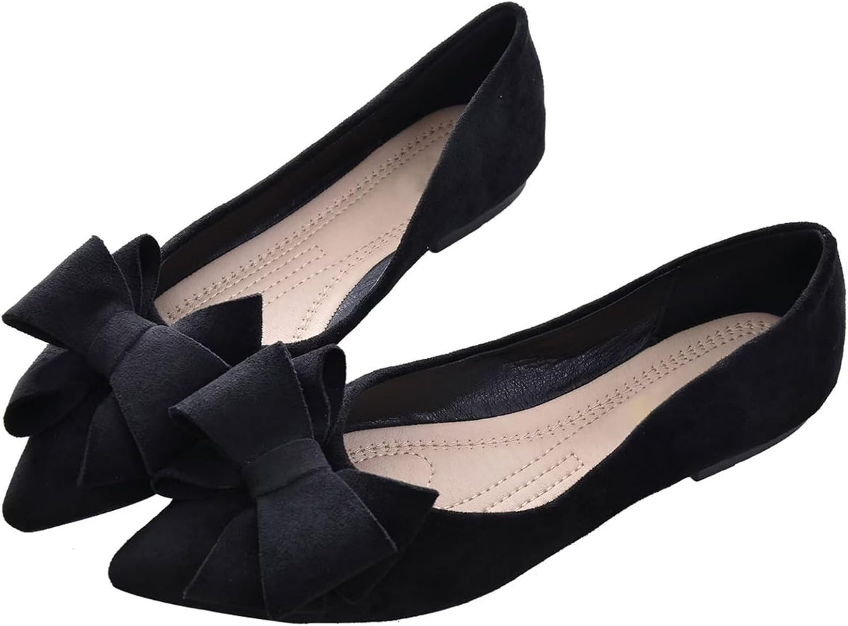 Women's Suede Bow Ballet Flats - Pointed Toe Slip On Moccasin Style Shoes for Work and Casual Wear - 10