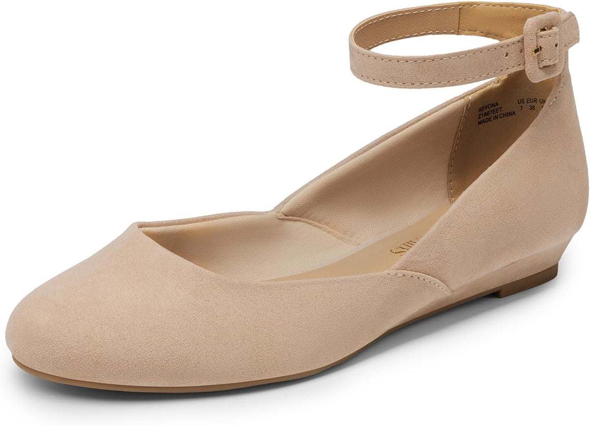 Women's Round Toe Ballet Flats with Low Wedge - Ankle Strap Dress Shoes for Office Days and Evenings - 10