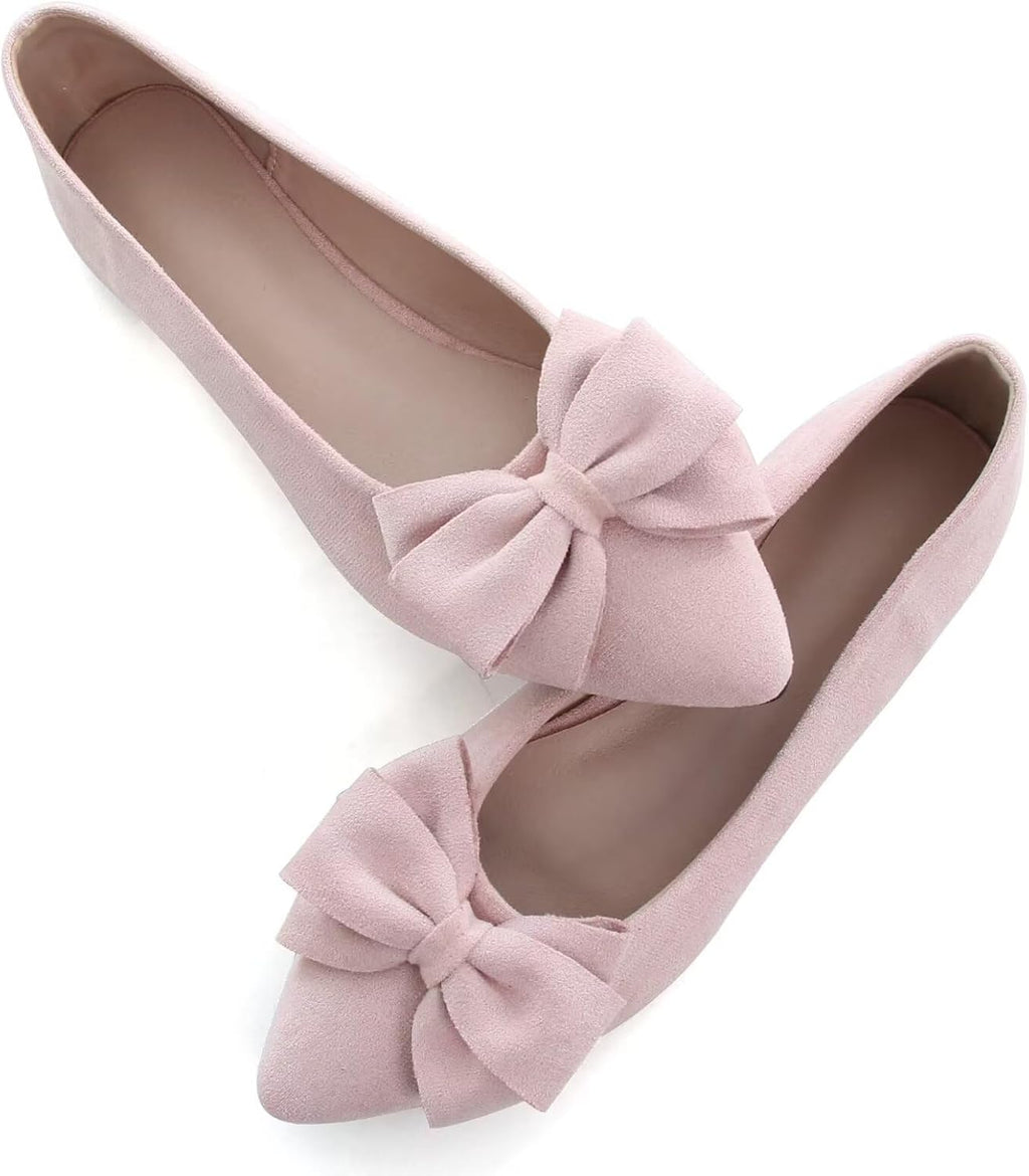 Women's Suede Bow Ballet Flats - Pointed Toe Slip On Moccasin Style Shoes for Work and Casual Wear - 10
