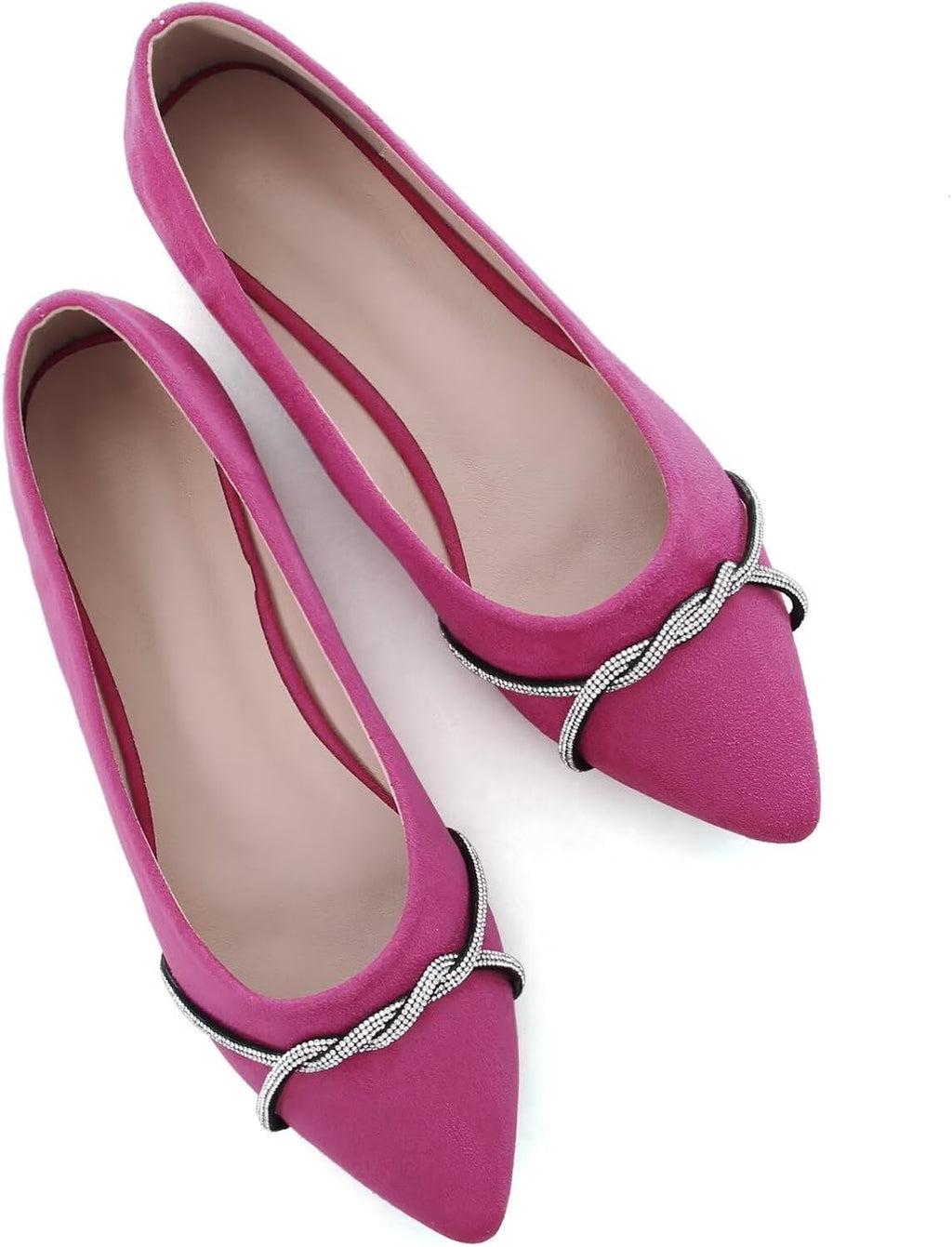 Women's Pointed Toe Ballet Flats with Chain and Rhinestone Trim - Slip On Dress Shoes for Office and Parties - 9