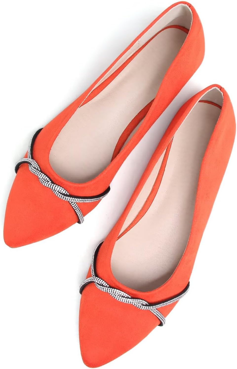 Women's Pointed Toe Ballet Flats with Chain and Rhinestone Trim - Slip On Dress Shoes for Office and Parties - 6