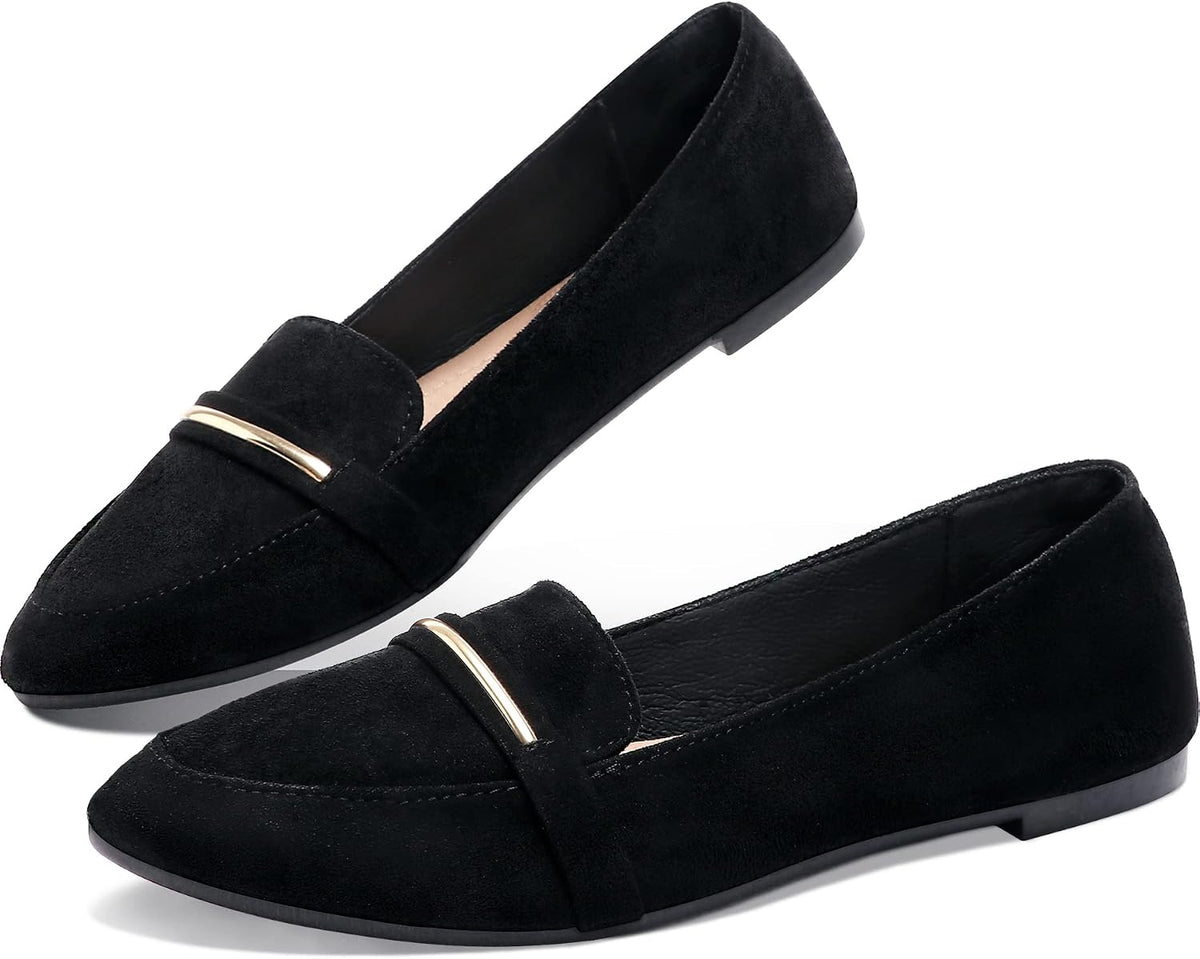 Women's Pointed Toe Penny Loafers - Faux Suede Flat Slip On Work Shoes for Office and Business Casual - 8
