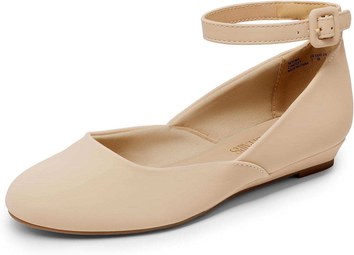Women's Round Toe Ballet Flats with Low Wedge - Ankle Strap Dress Shoes for Office Days and Evenings - 10