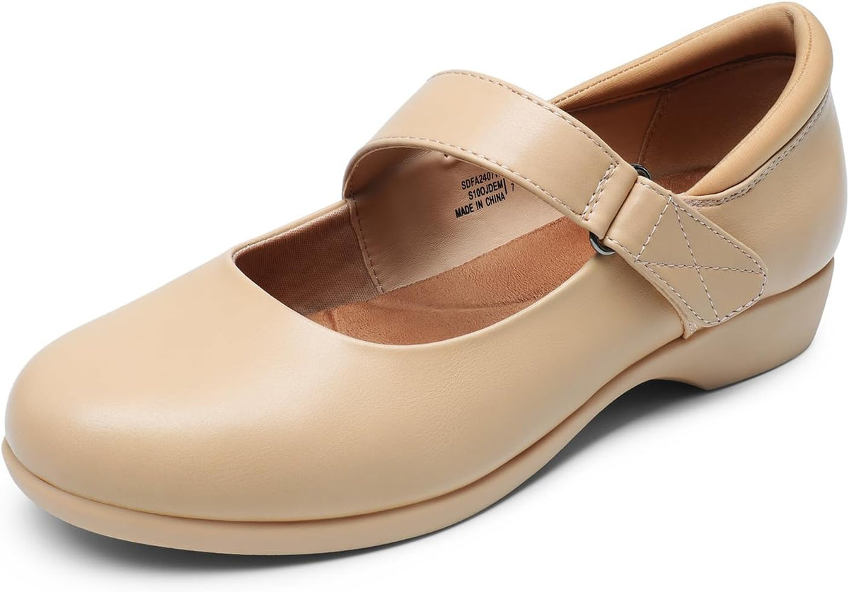 Women's Mary Jane Flats with Adjustable Ankle Strap - Memory Foam Insole Slip On Shoes for Work and School Runs - 6 Wide