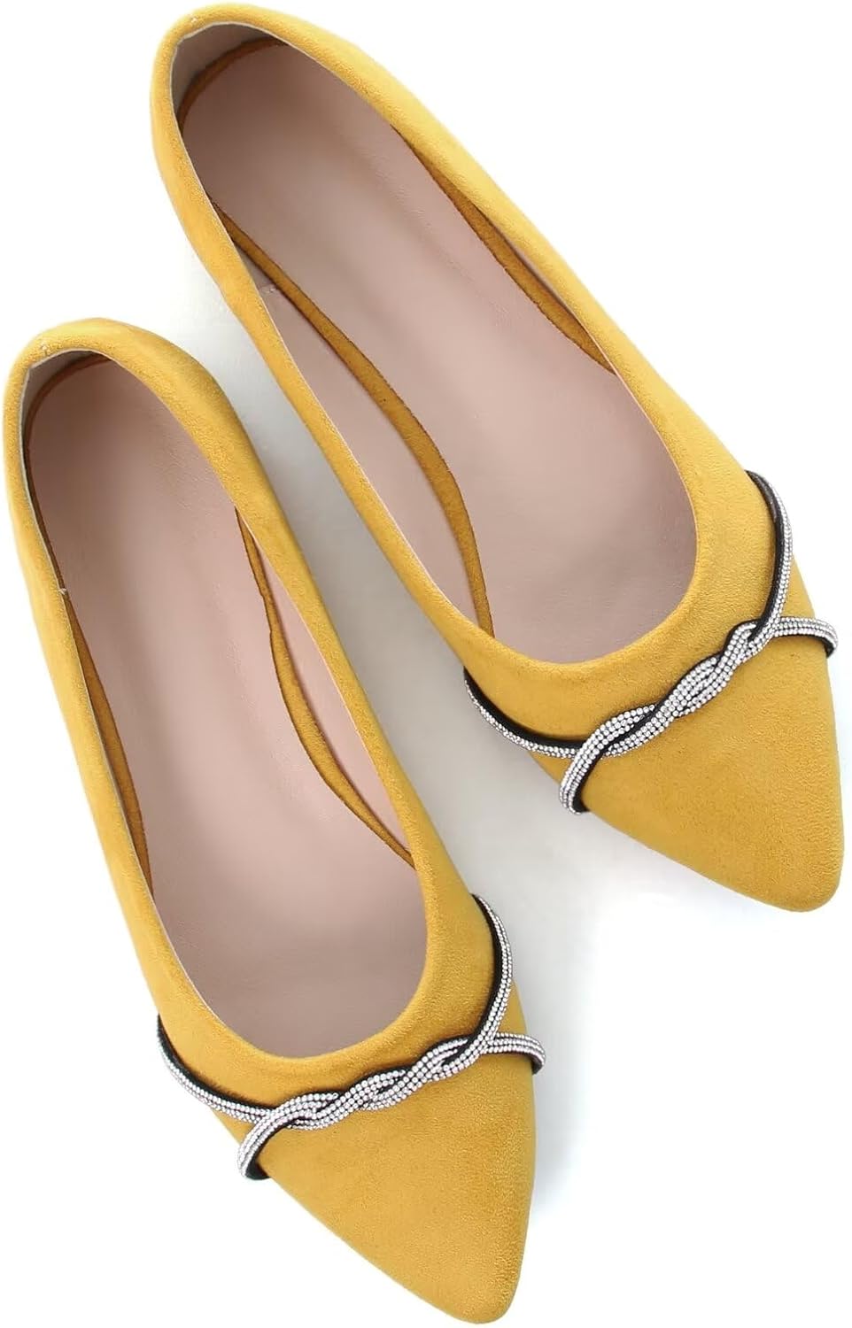 Women's Pointed Toe Ballet Flats with Chain and Rhinestone Trim - Slip On Dress Shoes for Office and Parties - 8