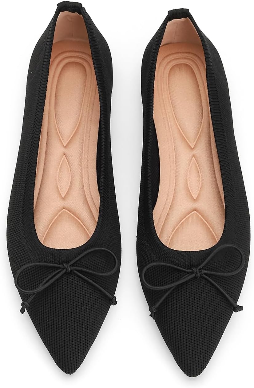 Women's Pointed Toe Knit Ballet Flats - Foldable Slip On Office Shoes with Built In Arch Support - 7