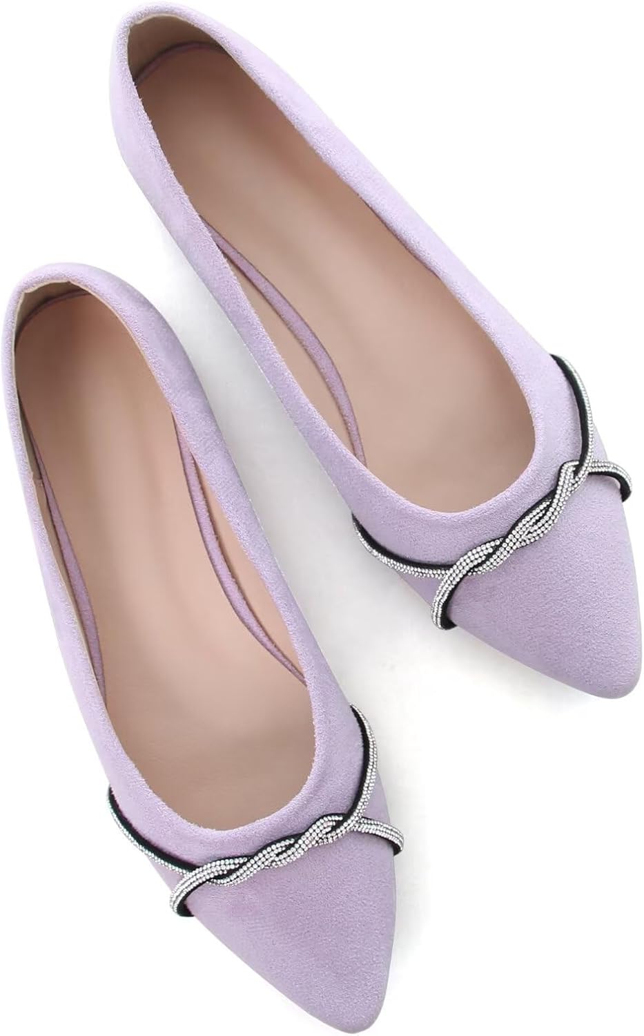 Women's Pointed Toe Ballet Flats with Chain and Rhinestone Trim - Slip On Dress Shoes for Office and Parties - 9