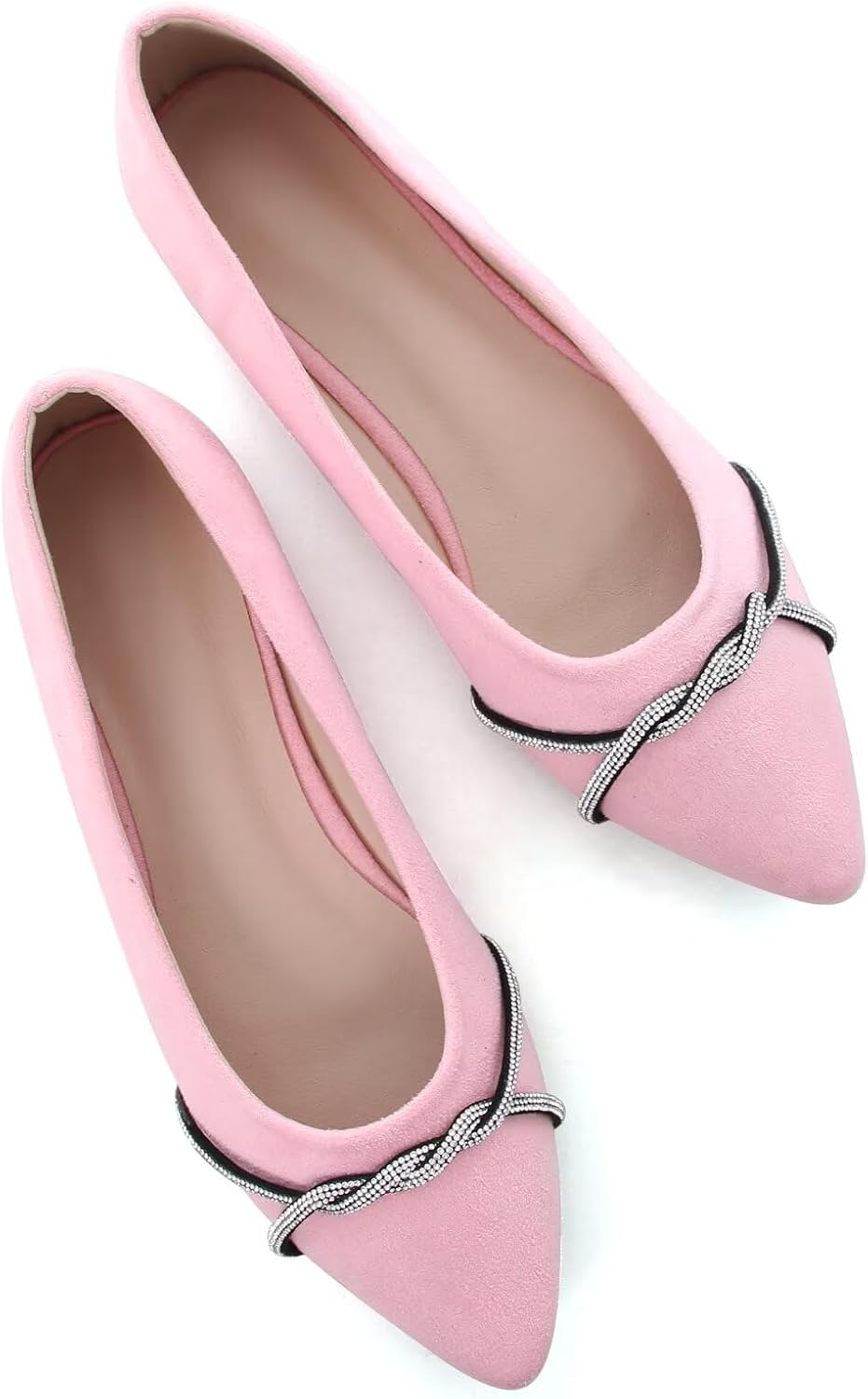 Women's Pointed Toe Ballet Flats with Chain and Rhinestone Trim - Slip On Dress Shoes for Office and Parties - 9