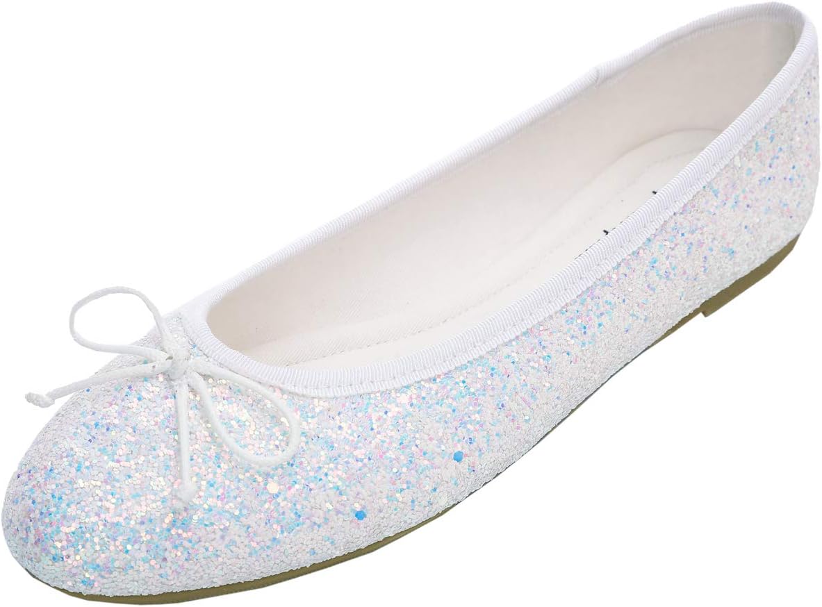 Women's Patent Ballet Flats - Memory Foam Cushioned Slip On Dress Shoes in Glitter and Solid Finishes - Glitter Light Go