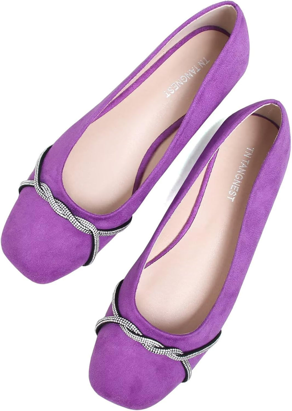 Women's Pointed Toe Ballet Flats with Chain and Rhinestone Trim - Slip On Dress Shoes for Office and Parties - 8
