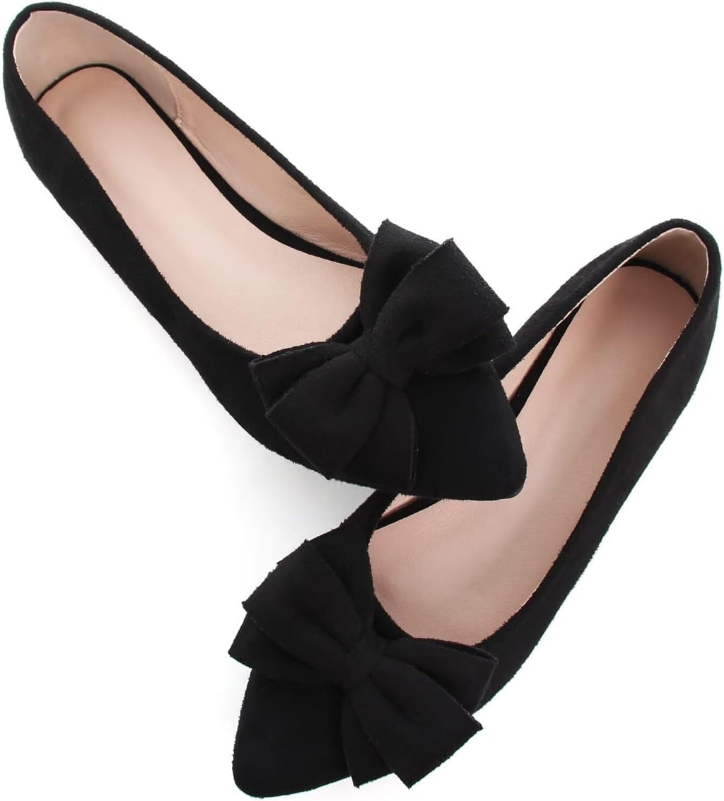 Women's Suede Bow Ballet Flats - Pointed Toe Slip On Moccasin Style Shoes for Work and Casual Wear - 7