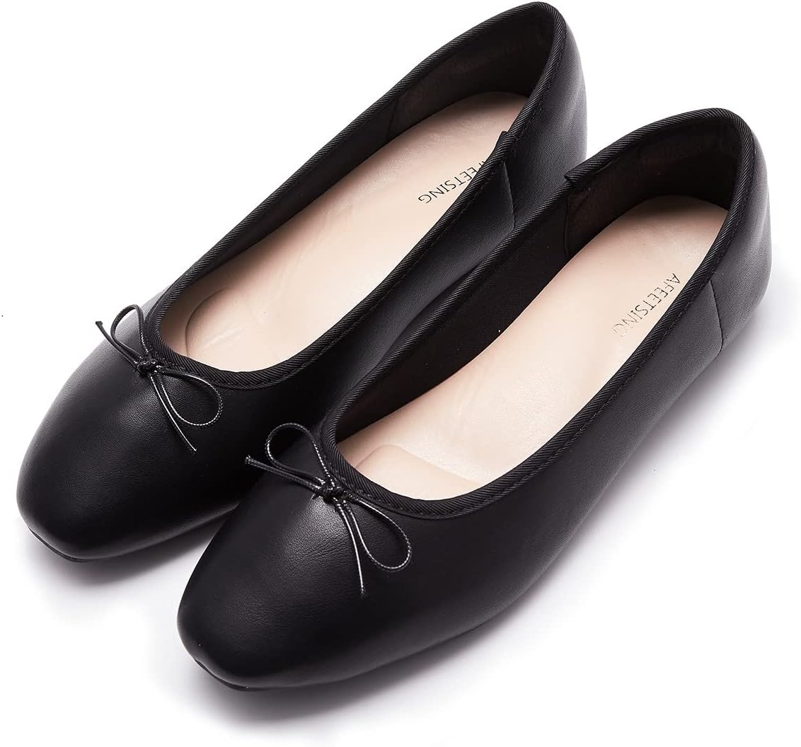 Women's Round Toe Ballet Flats with Bow - Dressy Slip On Shoes for Office, Weddings and Everyday Wear - 6