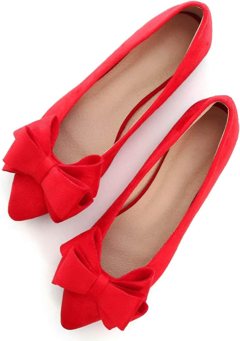 Women's Suede Bow Ballet Flats - Pointed Toe Slip On Moccasin Style Shoes for Work and Casual Wear - 8
