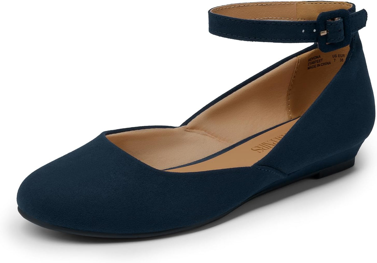 Women's Round Toe Ballet Flats with Low Wedge - Ankle Strap Dress Shoes for Office Days and Evenings - 10