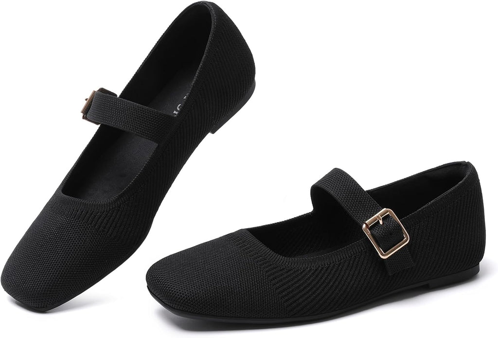 Women's Square Toe Knit Mary Jane Flats - Foldable Slip On Shoes with Adjustable Strap for Office Days - 6