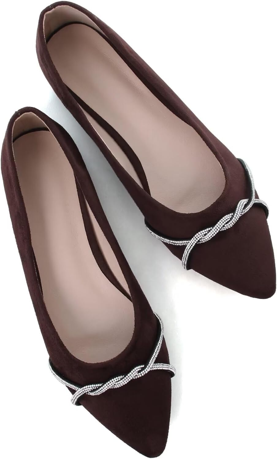 Women's Pointed Toe Ballet Flats with Chain and Rhinestone Trim - Slip On Dress Shoes for Office and Parties - 10