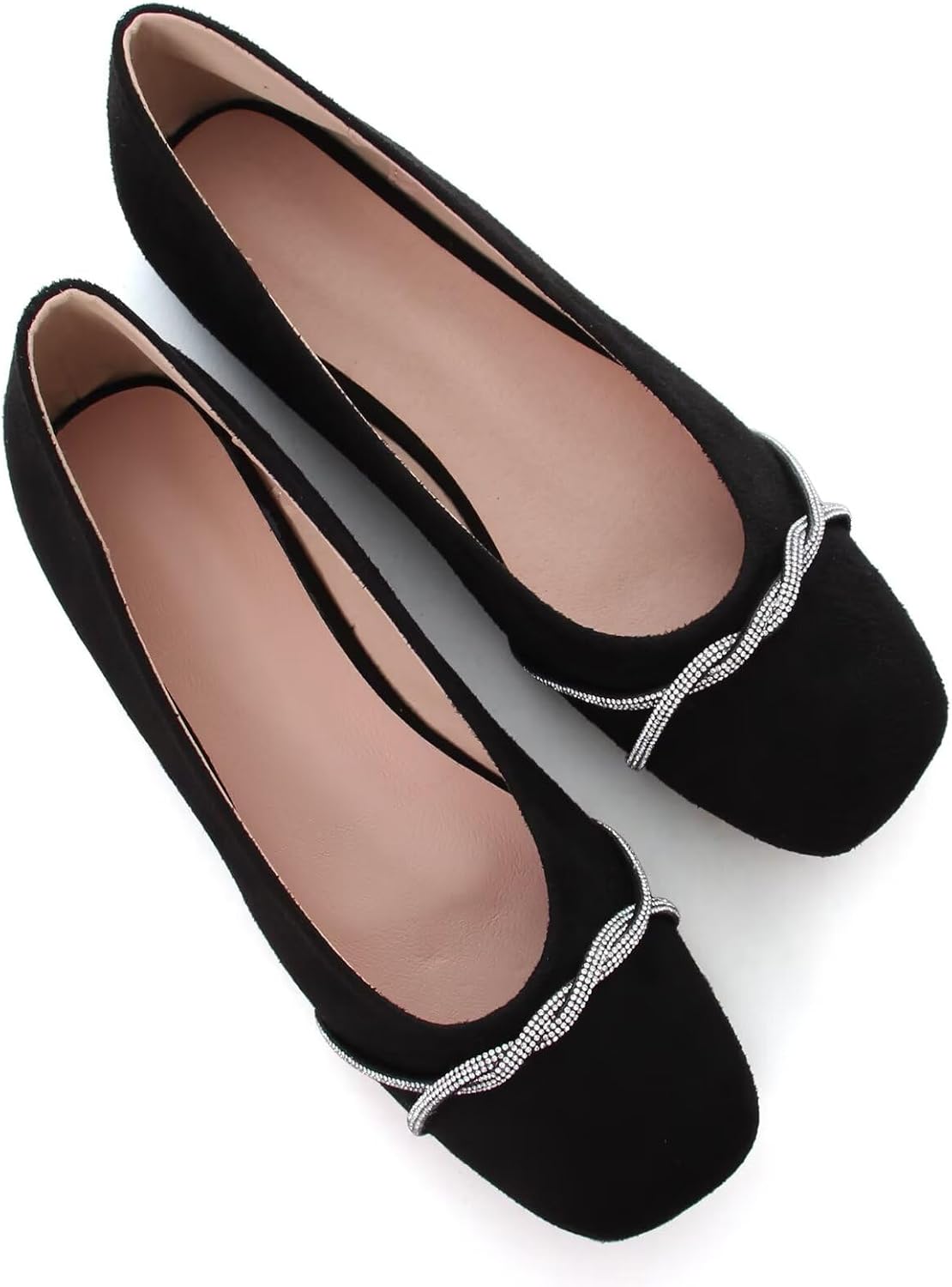Women's Pointed Toe Ballet Flats with Chain and Rhinestone Trim - Slip On Dress Shoes for Office and Parties - 8