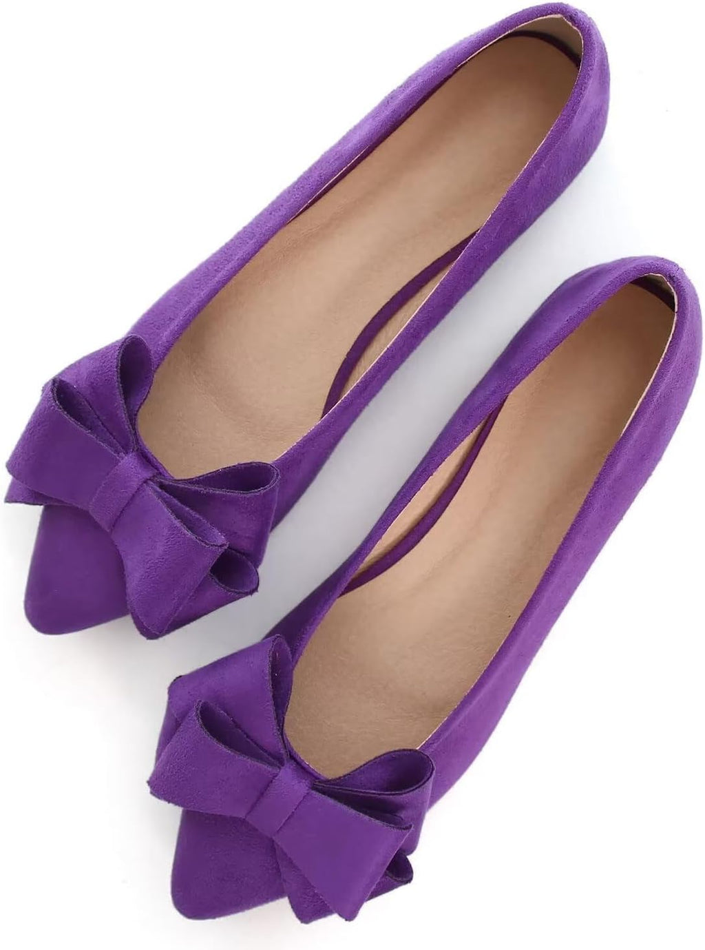 Women's Suede Bow Ballet Flats - Pointed Toe Slip On Moccasin Style Shoes for Work and Casual Wear - 8