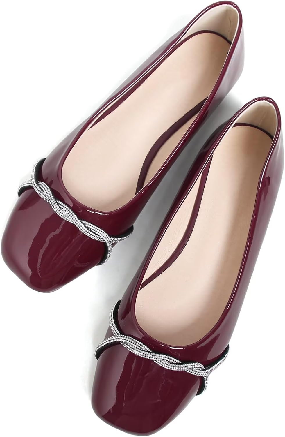 Women's Pointed Toe Ballet Flats with Chain and Rhinestone Trim - Slip On Dress Shoes for Office and Parties
