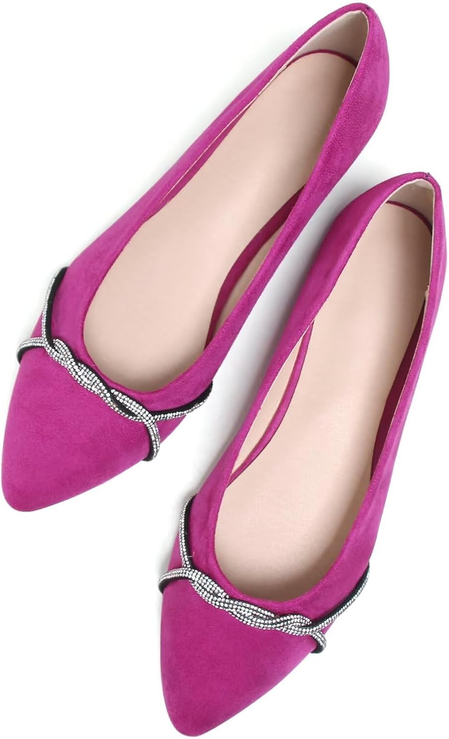 Women's Pointed Toe Ballet Flats with Chain and Rhinestone Trim - Slip On Dress Shoes for Office and Parties - 10
