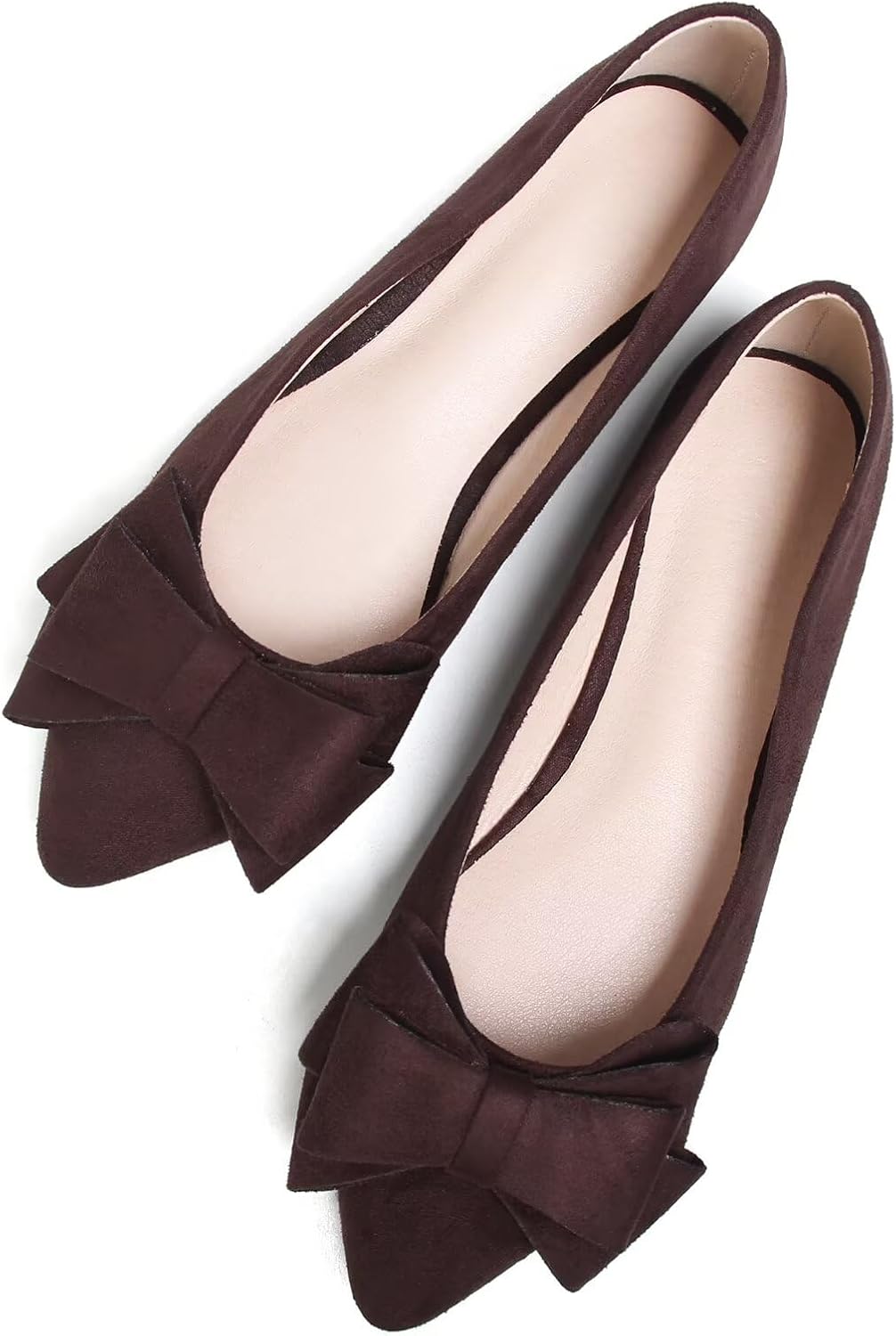 Women's Suede Bow Ballet Flats - Pointed Toe Slip On Moccasin Style Shoes for Work and Casual Wear - 7