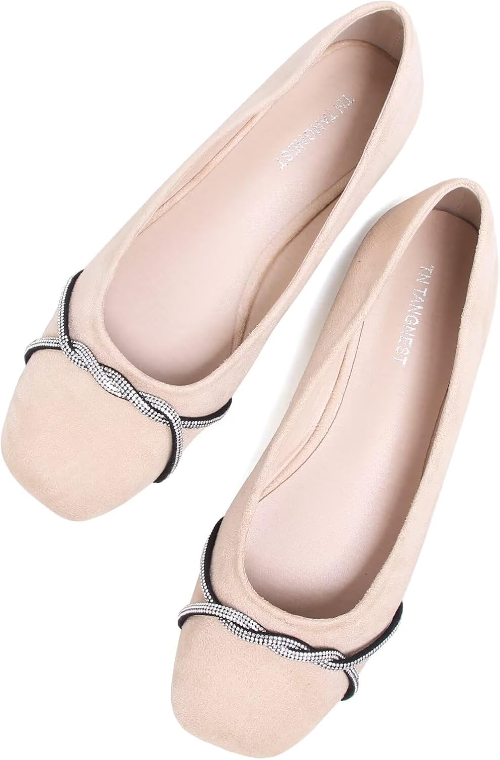 Women's Pointed Toe Ballet Flats with Chain and Rhinestone Trim - Slip On Dress Shoes for Office and Parties