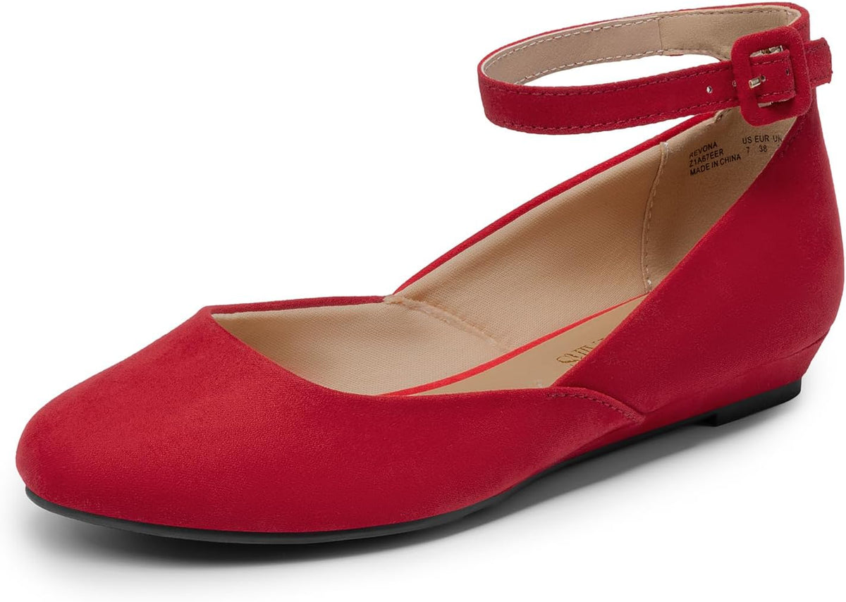 Women's Round Toe Ballet Flats with Low Wedge - Ankle Strap Dress Shoes for Office Days and Evenings - 10