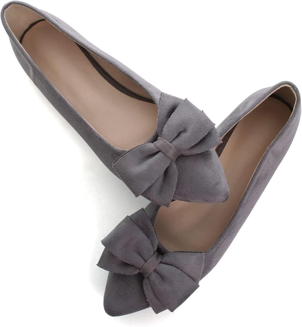 Women's Suede Bow Ballet Flats - Pointed Toe Slip On Moccasin Style Shoes for Work and Casual Wear - 9