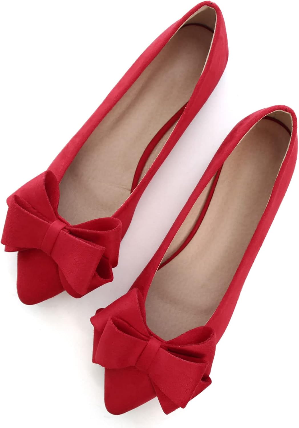 Women's Suede Bow Ballet Flats - Pointed Toe Slip On Moccasin Style Shoes for Work and Casual Wear - 9