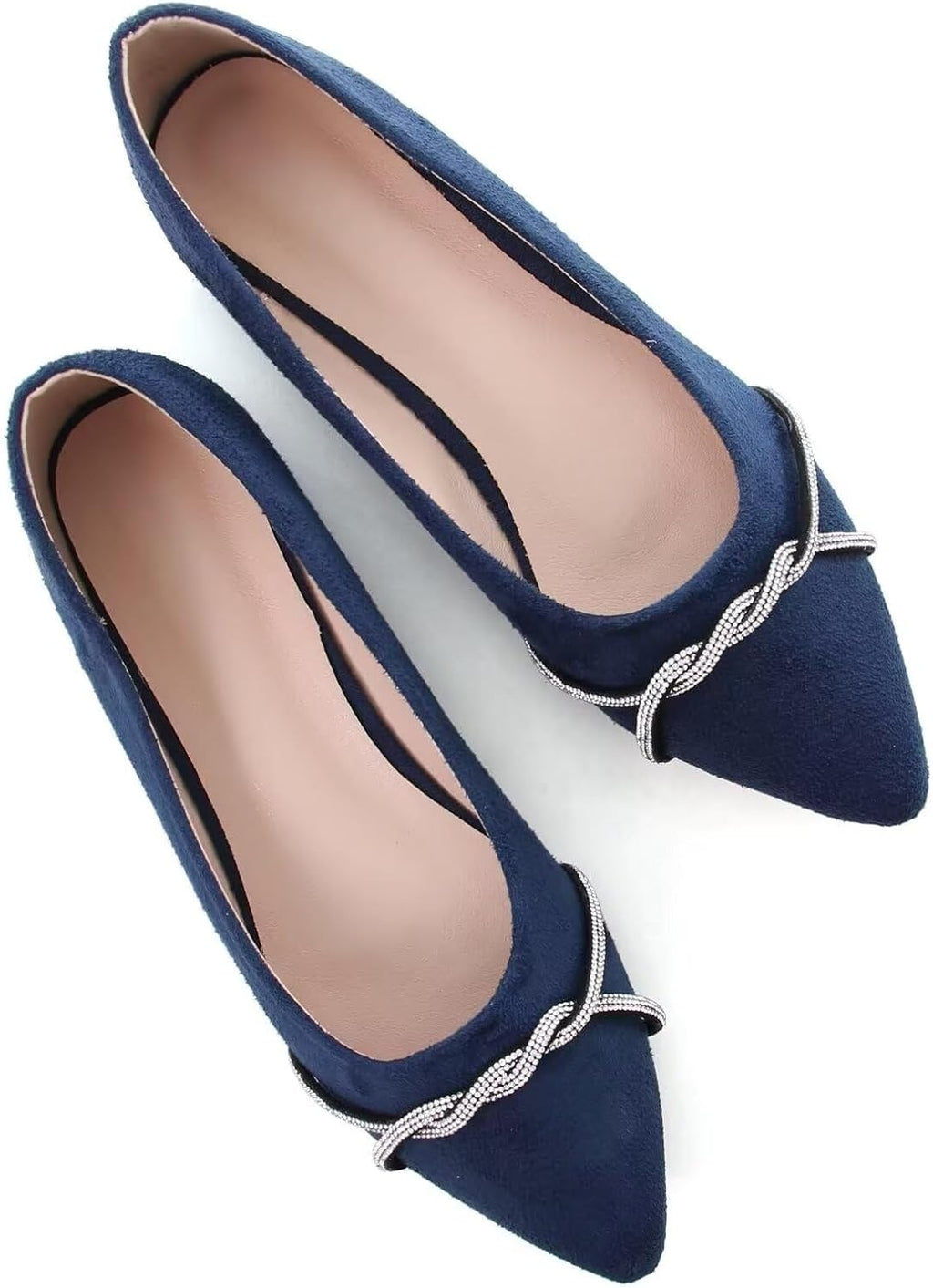 Women's Pointed Toe Ballet Flats with Chain and Rhinestone Trim - Slip On Dress Shoes for Office and Parties - 8