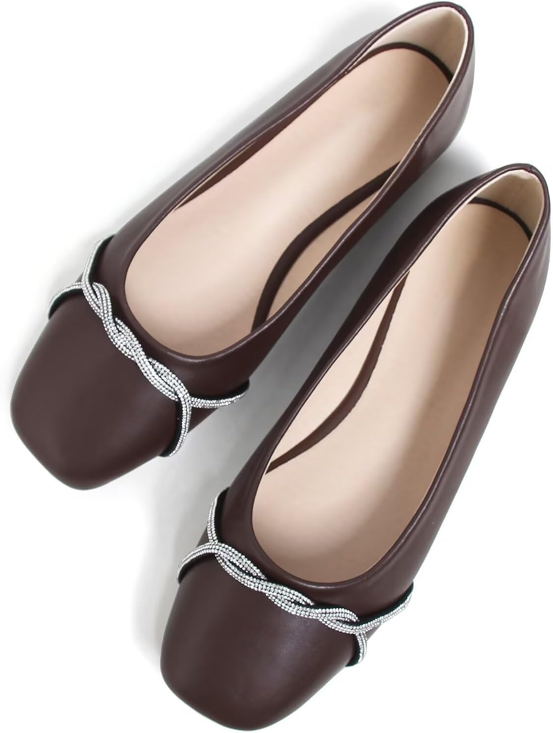 Women's Pointed Toe Ballet Flats with Chain and Rhinestone Trim - Slip On Dress Shoes for Office and Parties - 8
