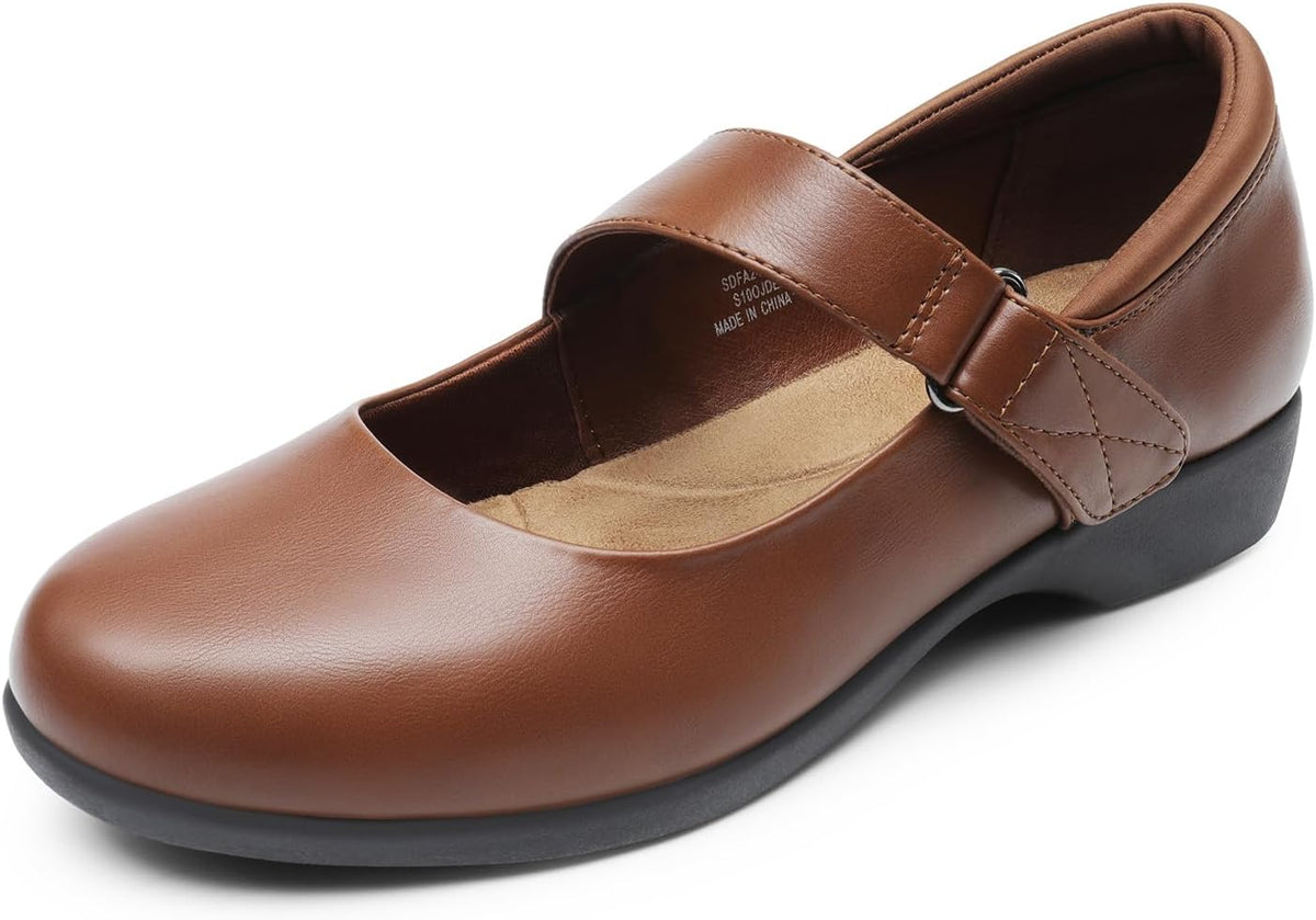 Women's Mary Jane Flats with Adjustable Ankle Strap - Memory Foam Insole Slip On Shoes for Work and School Runs - 6