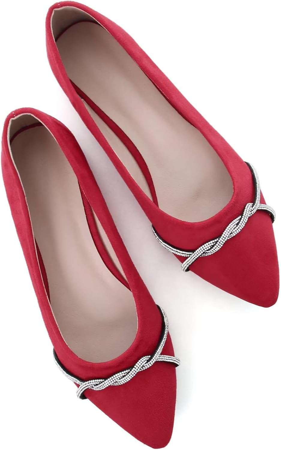 Women's Pointed Toe Ballet Flats with Chain and Rhinestone Trim - Slip On Dress Shoes for Office and Parties - 6 (11)