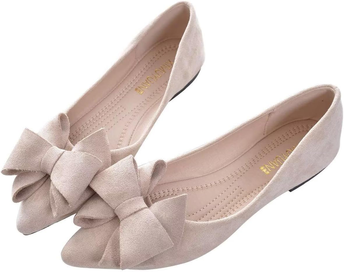 Women's Suede Bow Ballet Flats - Pointed Toe Slip On Moccasin Style Shoes for Work and Casual Wear - 10