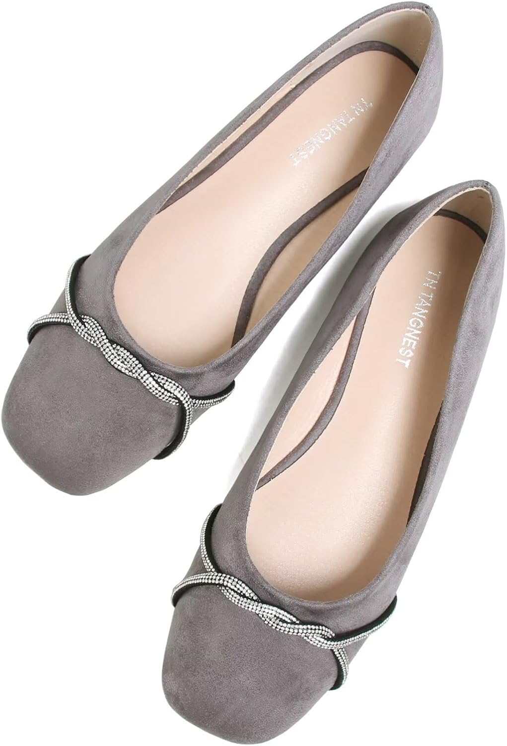Women's Pointed Toe Ballet Flats with Chain and Rhinestone Trim - Slip On Dress Shoes for Office and Parties