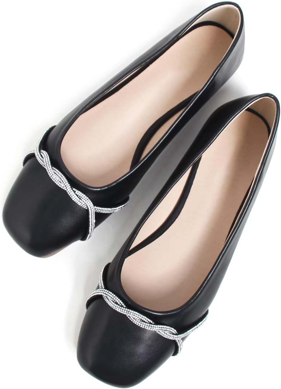 Women's Pointed Toe Ballet Flats with Chain and Rhinestone Trim - Slip On Dress Shoes for Office and Parties - 6