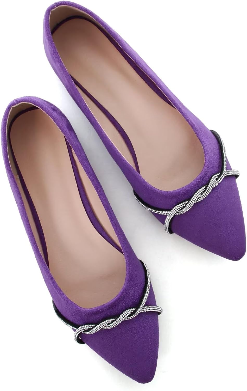 Women's Pointed Toe Ballet Flats with Chain and Rhinestone Trim - Slip On Dress Shoes for Office and Parties - 10