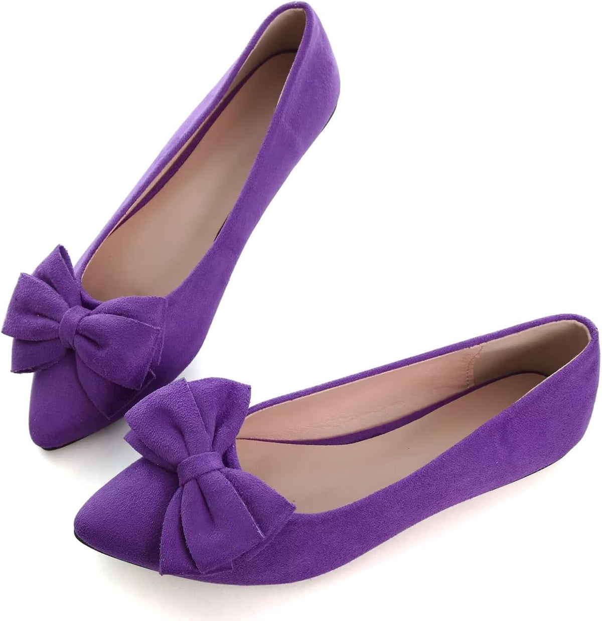 Women's Suede Bow Ballet Flats - Pointed Toe Slip On Moccasin Style Shoes for Work and Casual Wear - 6