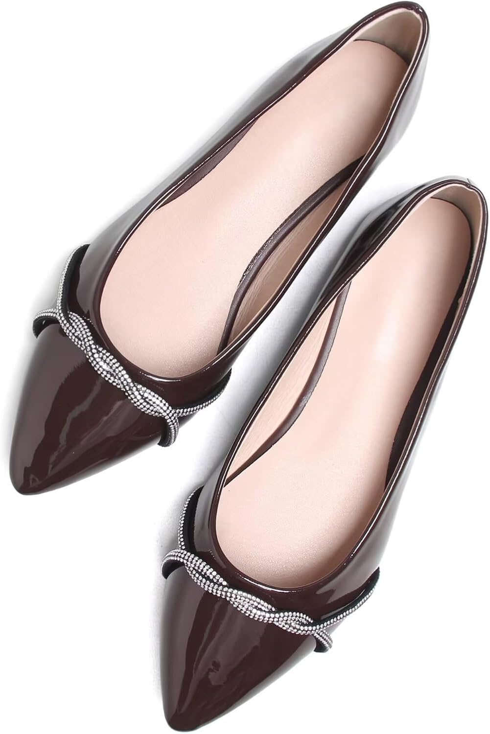 Women's Pointed Toe Ballet Flats with Chain and Rhinestone Trim - Slip On Dress Shoes for Office and Parties - 9