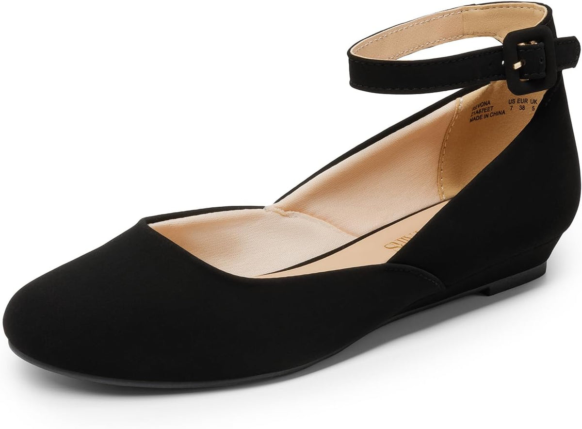 Women's Round Toe Ballet Flats with Low Wedge - Ankle Strap Dress Shoes for Office Days and Evenings - 10