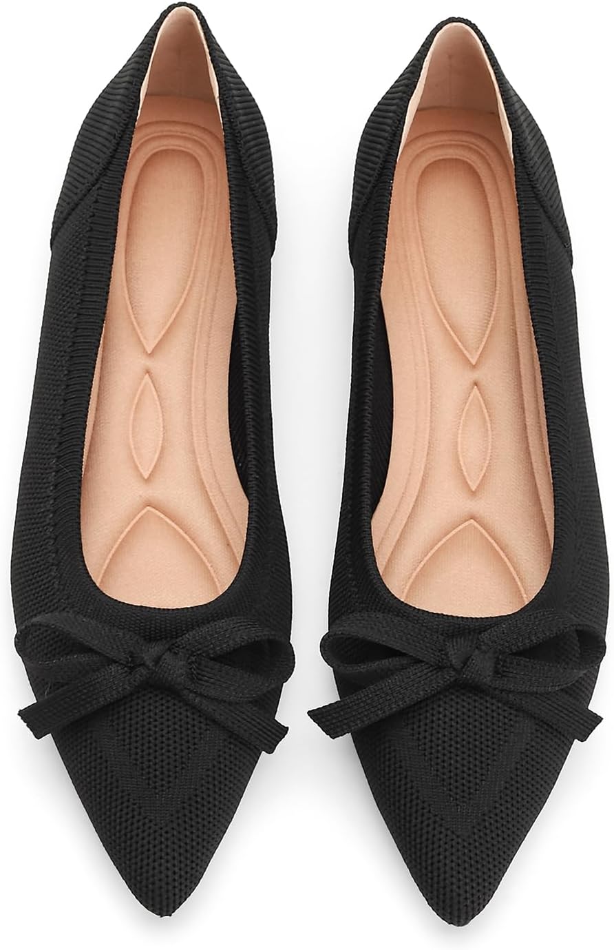 Women's Pointed Toe Knit Ballet Flats - Foldable Slip On Office Shoes with Built In Arch Support - 8