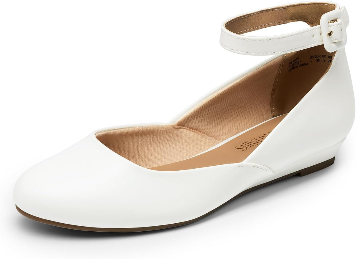 Women's Round Toe Ballet Flats with Low Wedge - Ankle Strap Dress Shoes for Office Days and Evenings - 10